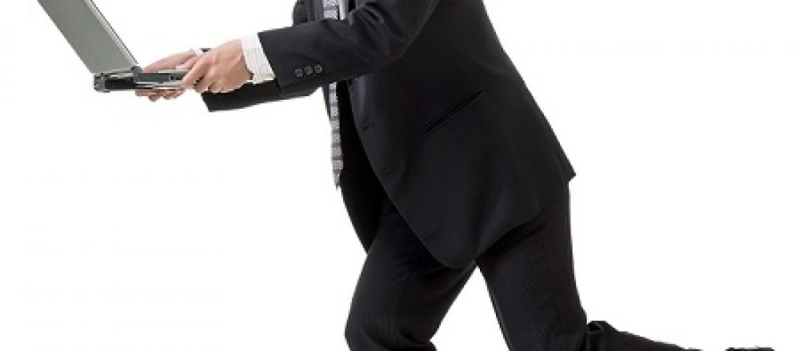 Asian business man holding laptop and running, full length isolated on white.